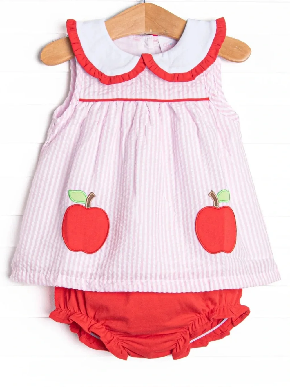 Stitchy Fish Baby girl back to School Seersucker Applique Diaper Set 9M